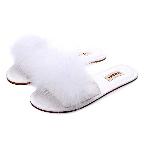 FAYUEKEY Women Fur Sexy Slippers Spring Summer Fluffy Soft Cute PU Comfy Slides Sandals Indoor Outdoor Flats Shoes - 9 - White