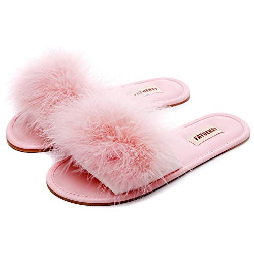 FAYUEKEY Women Fur Sexy Slippers Spring Summer Fluffy Soft Cute PU Comfy Slides Sandals Indoor Outdoor Flats Shoes - 9 - Pink