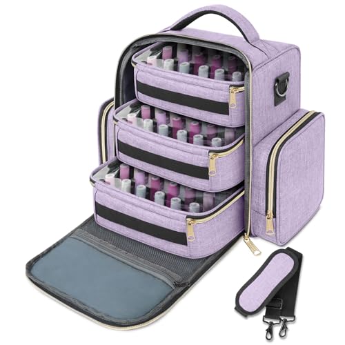 Nail Polish Organizer Holds 72 Bottles (15ml-0.5 fl.oz), Large Nail Polish Carrying Case with 3 Removable Pouches and 4 Zippered Pockets for Manicure Tools, Accessories, Nail Lamp, Gift for Women - Purple