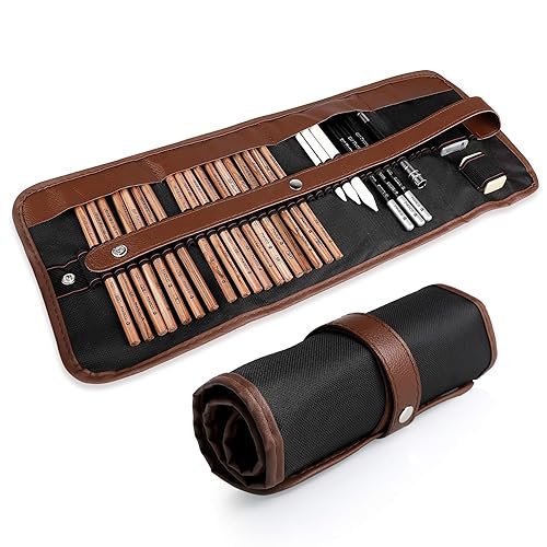 Coolzon - Lápices de dibujo (29 unidades), diseño de artista con lápices de bocetos, lápices de carboncillo, lápiz de grafito, goma de borrar cuchillo extensor en estuche de lápices - 29 unidad (Paquete de 1)