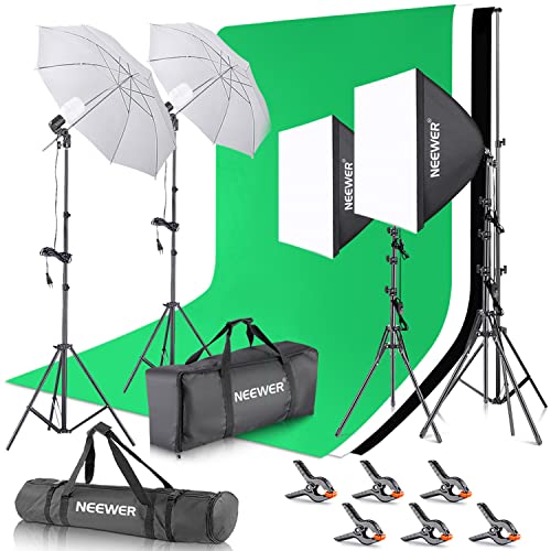 NEEWER Kit Studio Photo et éclairage, 2,6m x 3m Système de Support de Toile de Fond, équivalent 800W 5700K Ampoules LED Parapluie Softbox éclairage Continu pour Portrait et Photographie Vidéo - Boîte