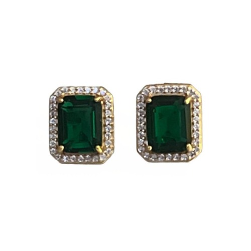 Grandeur Halo Stud Earrings/18K Yellow Gold & Emerald Cubic Zirconia