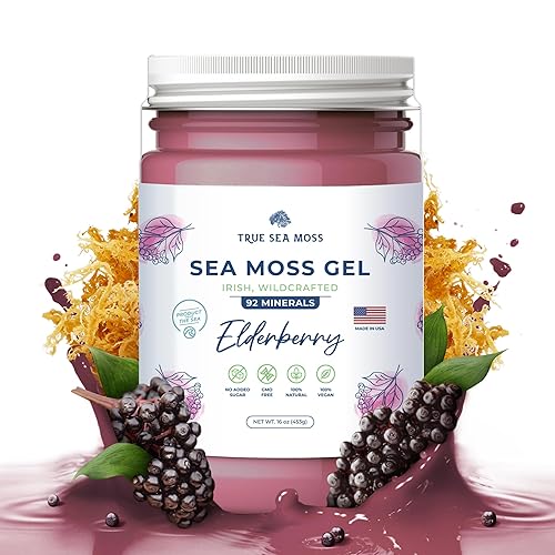 TrueSeaMoss Wildcrafted Irish Sea Moss Gel - Made with Dried Seaweed & Fresh Sea Vegetables, Seamoss - Made in USA (Elderberry, Pack of 1) - ELDERBERRY - 16 Fl Oz (Pack of 1)