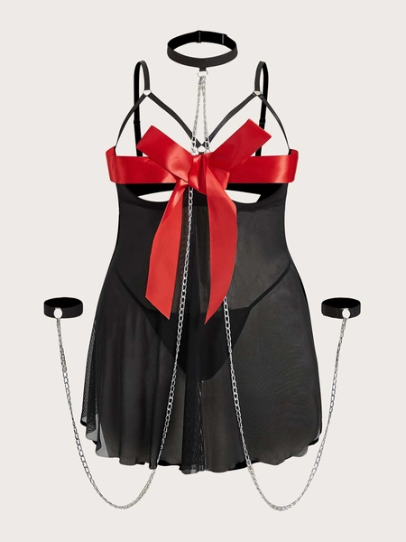 Plus Colorblock Mesh Slips With Thong With Handcuff