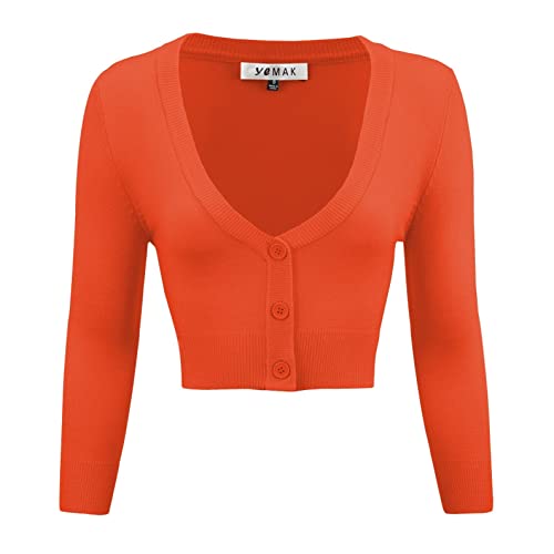 YEMAK Women's Cropped Bolero Cardigan – 3/4 Sleeve V-Neck Basic Classic Casual Button Down Knit Soft Sweater Top (S-4XL) - 2X - Fiesta