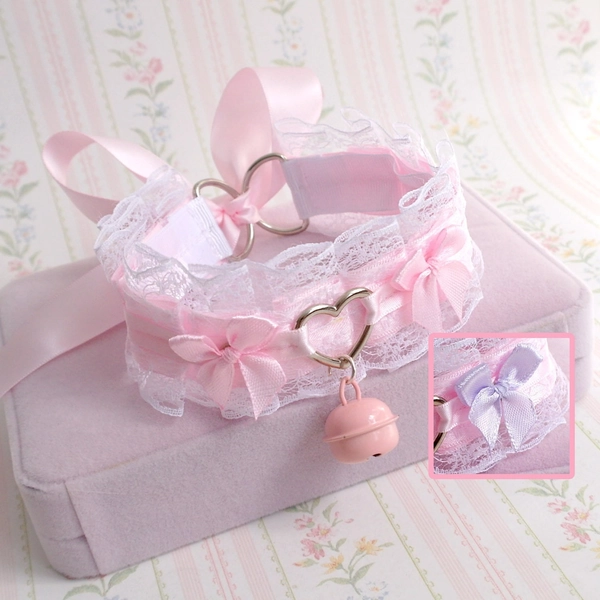 Choose your color - baby pink / lilac bow , heart white lace choker necklace , kitten pet play collar , with a bell , kawaii pastel