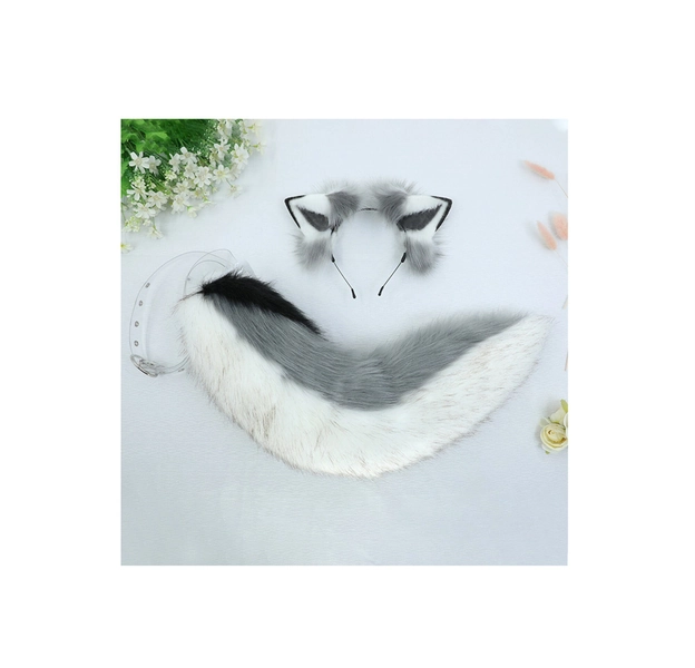 Grey Animal Dog Husky Ears Headband hairband Dog Tail, Cosplay Animal Husky Ears Tail Costume,Halloween Carnival Party Animal Wolf Husky Set