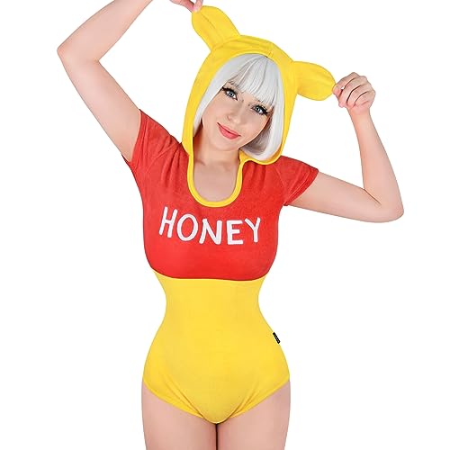 Littleforbig Cotton Hoodie Romper Onesie Pajamas Bodysuit - Honey Bear Plush Onesie - 3X-Large - Yellow