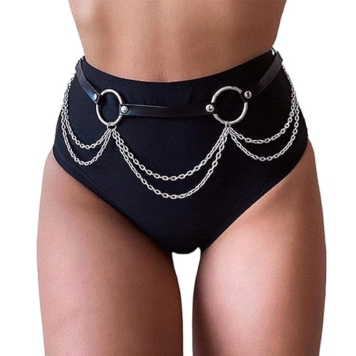 Reetan Punk Leather Body Chains Black Waist Chain Layered Nightclub Ring Belt Belly Chains Rave Party Body Jewelry Accessories for Women - A