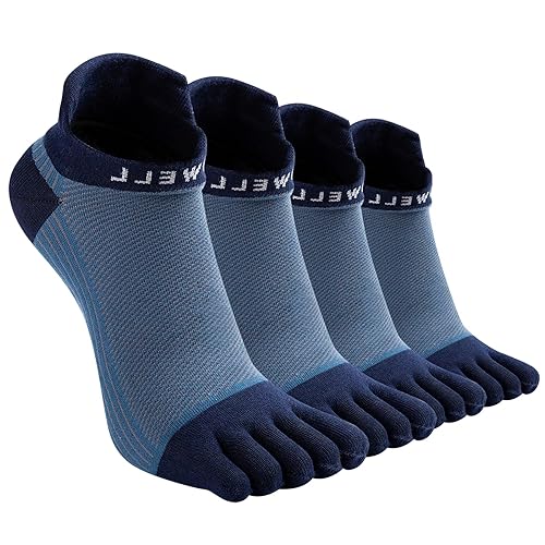 VWELL Cotton Toe Socks Five Finger Socks No Show Crew Athletic Running Socks 4 Pairs,Size 7-11 - 7-11 - Blue