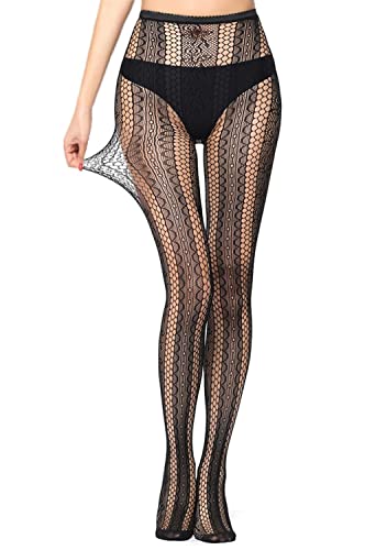 Womens Black Patterned Fishnet Net Tights / Ladies Fashion Pattern Pantyhose (Striped) - One Size - Honeycomb Stripes