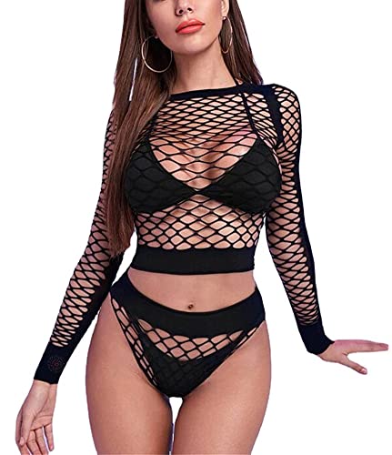 VicSec Women Fishnet Lingerie Set, Sexy Babydoll Mesh Bodysuit, See Through Chemise Hollow Out Bodystocking Teddy Outfit Rhinestone Crop Top and Shorts Underwear for Clubwear Nightwear Nightgown - One Size - Style B