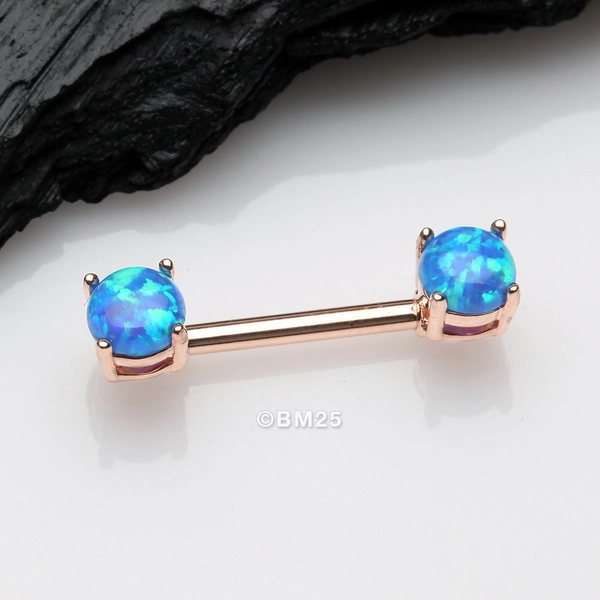 A Pair of Rose Gold Fire Opal Prong Set Sparkle Nipple Barbell - Blue Opal