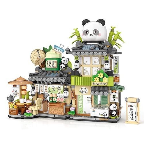 City Tea House Building Blocks Set, Openable Panda Construction Tea Shop Building Toys for Boys Girls Age 8+, 860pcs Mini Bricks - Black