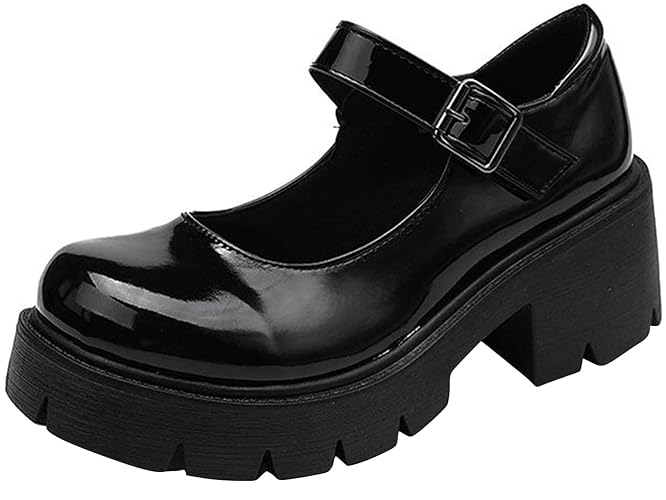Women's Platform Mary Janes Chunky Heel Ankle Strap Uniform Dress Shoes Heeled Gothic Lolita Oxfords - 9 - Single Strap-jet Black