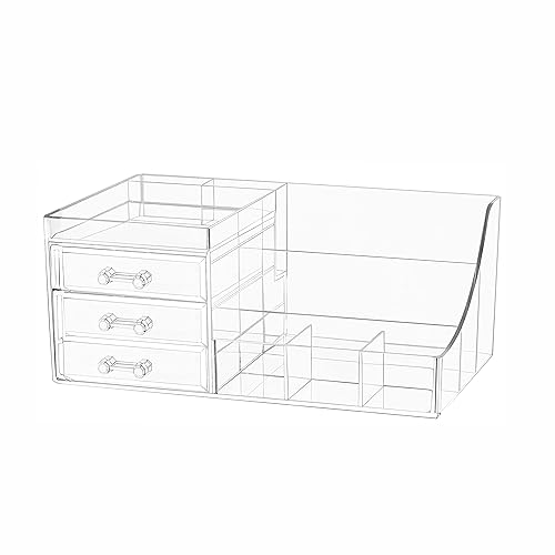 Cq acrylic 1 Pack Clear Make Up Organizer Countertop,Stackable 3 Drawers Makeup Storage,Cute Vanity Organizers for Dresser Hair Clip,Jewelry,Beauty Product Desk and Bathroom Organizers and Storage - 3 Drawers