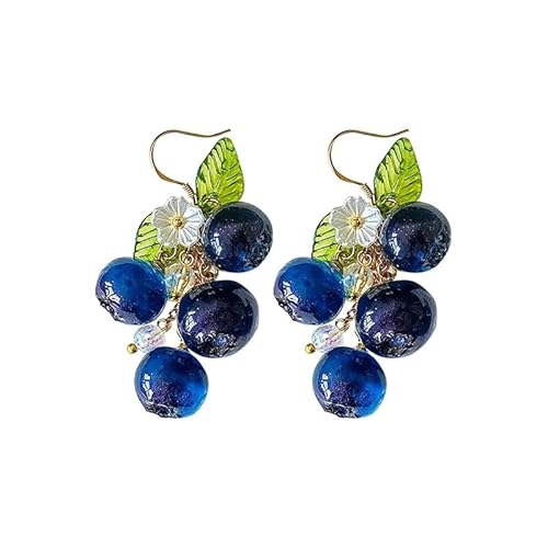 Creative Cottagecore Fruit Earrings, Strawberry Earrings, Cute Shiny Fruit Strawberry Grape Earrings with Green Leaves, Birthday Jewelry Gifts for Women - Blueberry