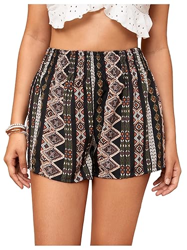 Floerns Women's Summer Tribal Print Elastic Waist Beach Shorts - Large - Black Tribal