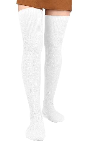 Women Thigh High Socks Extra Long Cotton Knit Warm Thick Tall Long Boot Stockings Leg Warmers - One Size - 1 White