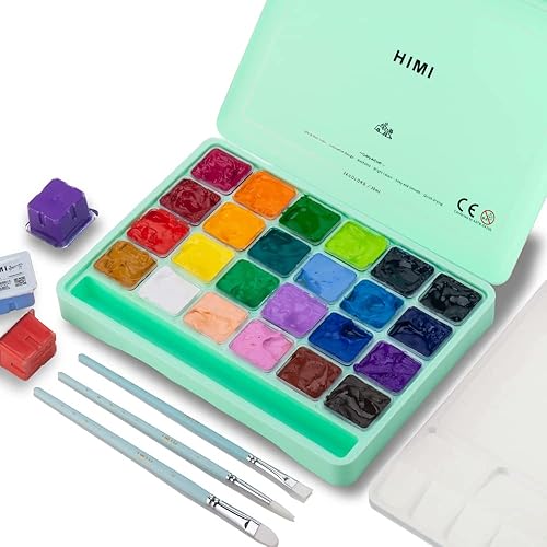HIMI Gouache Paint Set, 24 Colors x 30ml/1oz with Brushes & Palette, Jelly Cup Design, Non-Toxic, Perfect for Beginners, Students, Artists(Green) - 27 Piece Set - LightGreen Case