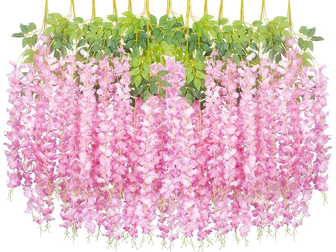 AITISOR 24 Pack Artificial Fake Wisteria Vine Ratta (3.75 Feet) Hanging Garland Silk Flowers String Home Party Wedding Decor(Pink) - Pink