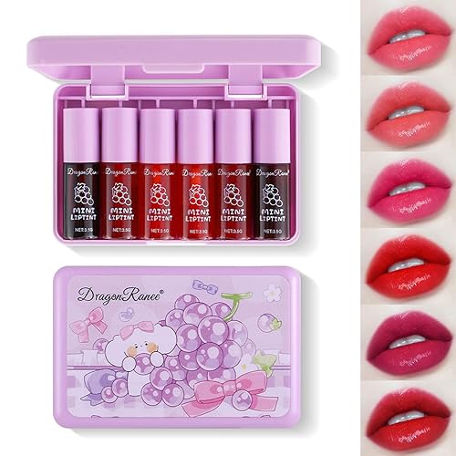 6 Colors Lip Tint Stain Korean Lip Gloss, Matte Velvet Lip Tint Natural Plumping Lip Stain, Multi-Use Lip and Cheek Tint Mini Liquid Lipstick, Long lasting Non-Stick Cup Waterproof, Lip Color Makeup - Grapes
