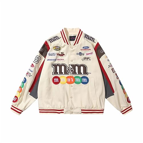 KAYIN Mens Embroidery Jacket Patchwork Baseball Jackets Varsity Retro Casual Sweatshirt Unisex Sport Streetwear Coats Tops - Medium - Beige