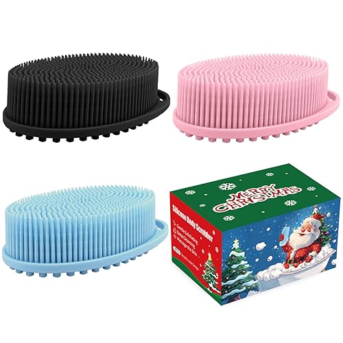 3 Pack Silicone Body Scrubber, Exfoliating Body Scrubber Soft Silicone Loofah Body Scrubber Fit for Sensitive and All Kinds of Skin Clean and Sanitary - Black+blue+pink