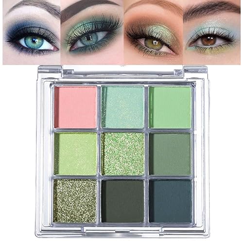 CAKAILA 9 Colors Green Highly Pigmented Colorful Eyeshadow Palette,Matte Shimmer Forest Emerald Green Eye Shadow Makeup Palettes,Long Lasting Waterproof Eye Makeup Palette - Pink Green Gray (Glitter+Matt)