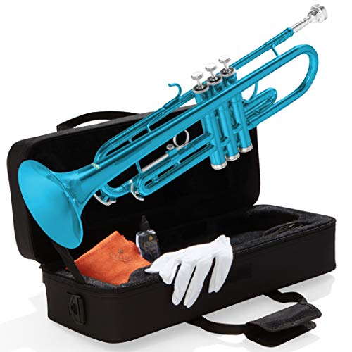 Mendini By Cecilio Bb Trumpet - Trumpets for Beginner or Advanced Student w/Case, Cloth, Oil, Gloves - Brass Musical Instruments For Kids & Adults - Sky Blue