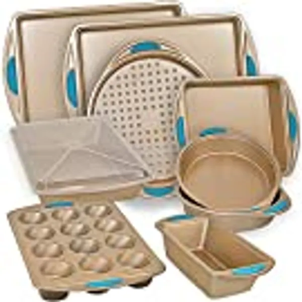 Baking Pan 10 Piece Set Nonstick Gold Steel Oven Bakeware Kitchen Set with Silicone Handles, Cookie Sheets, Round Cake Pans, 9x13 Pan with Lid, Loaf Pan, Deep Pan, Pizza Crisper, Muffin Pan by PERLLI
