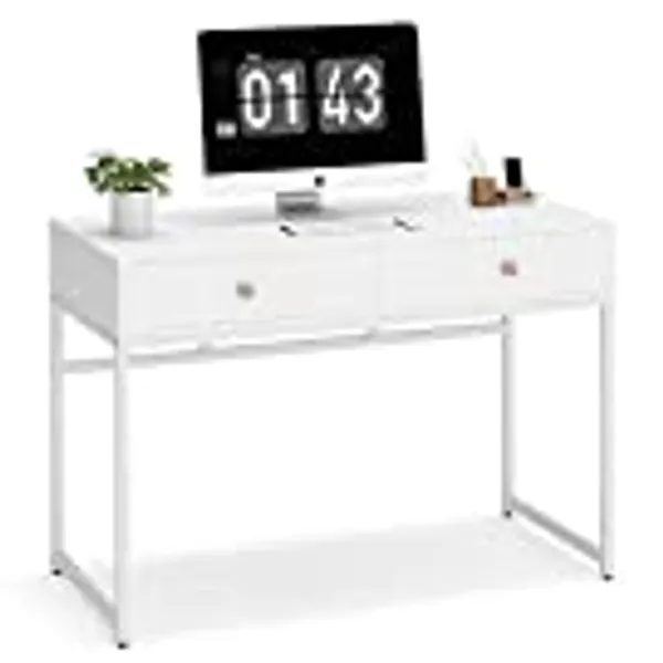 Tribesigns Computer Desk, Modern Simple 47 inch Home Office Desk Study Table Writing Desk with 2 Storage Drawers, Makeup Vanity Console Table White