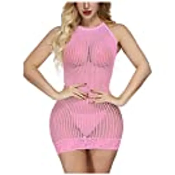 Women Lingerie Fishnet Lace Babydoll Halter Stretch Chemise Sexy Mini Dress for Women