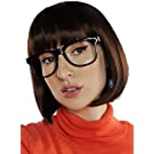 ALLAURA Brown Bob & Black Glasses Velma Costume Set Cosplay Flapper Wigs With Bangs Fits All One Size
