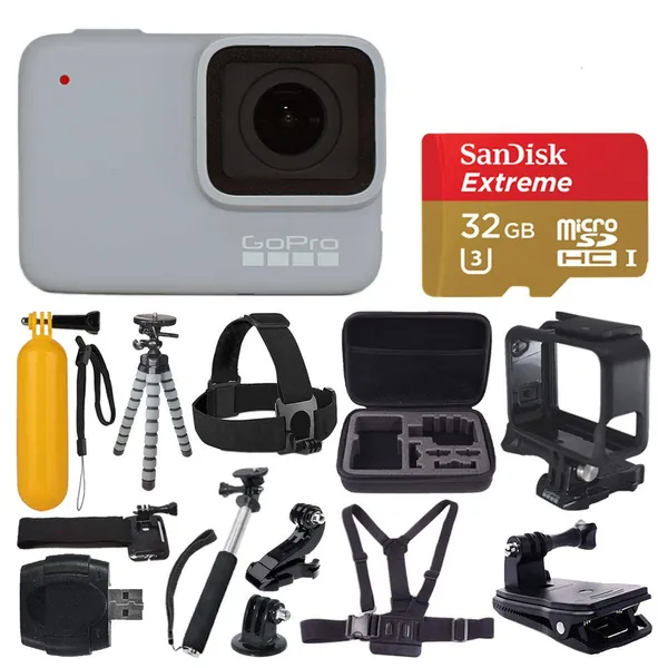 GoPro HERO 7 (White) Waterproof Digital Action Camera + Sandisk Extreme 32GB MicroSD Memory Card + Medium Case + Flexible Tripod + Head & Chest Strap + Monopod + Floating Handle + Wrist Strap + Clamp