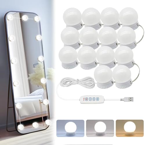 LED Vanity Lights for Mirror, Hollywood Style Vanity Lights with 14 Dimmable Bulbs, Adjustable Color & Brightness, USB Cable, Mirror Lights Stick on for Makeup Table Dressing Room - 14 Bulbs