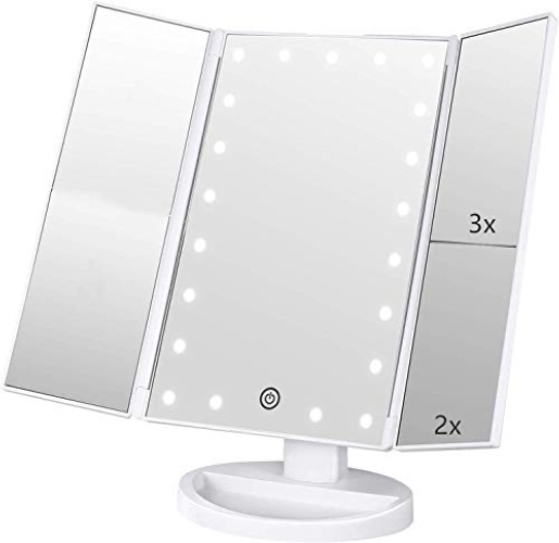 Flymiro Tri-fold Lighted Vanity Makeup Mirror with 3x/2x/1x Magnification, 21Leds Light and Touch Screen,180 Degree Free Rotation Countertop Travel Cosmetic Mirror (White) - White