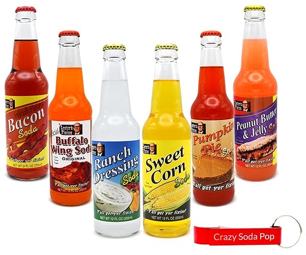 Generic Lester's Fixins Soda | 6 Pack of Unique, Weird, and Unusual Flavors of Food Soda Pop with Real Cane Sugar | 12 oz Glass Bottles in a Mixed 6 Pack Sampler with Crazy Soda Pop Bottle Opener