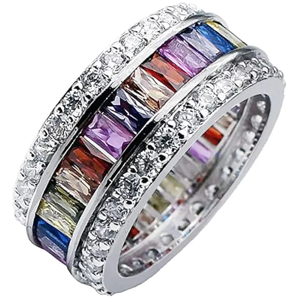 Hermosa Silver Ring for Women Wide, Multicolor Band Baguette Gemstone Rings, Silver Knuckle Women Rings Set Jewelry Size 6-12