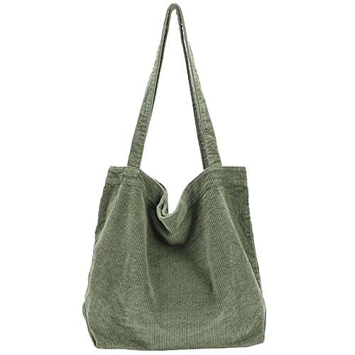 ALUWU Corduroy Tote Bag for Women Girl Canvas Shoulder Handbags Cute Large Purse - 002-light Green