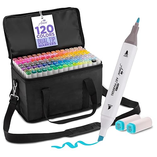 Asani Dual Tip Markers in 120 Colors, Double Sided Markers with Travel Case Bag, Fine and Chisel Tip Art Markers for Adult Coloring and Kids, Marker Pens for Drawing, Calligraphy, Writing
