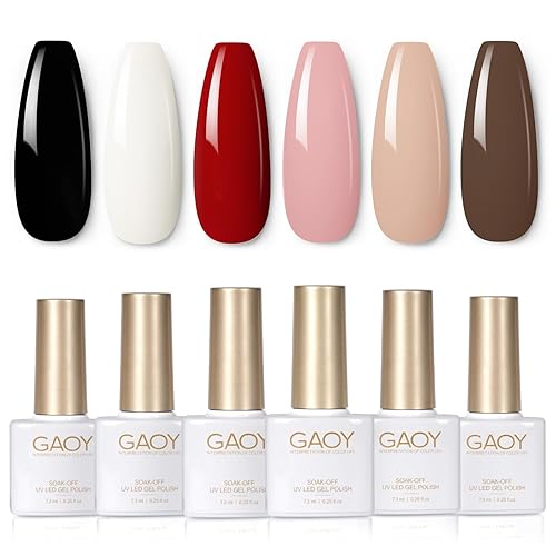 GAOY White Red Black Gel Nail Polish Set, 6 Colors Brown Pink Nude Soak Off UV Light Cure Gel Polish Kit for Salon and Nail Art DIY at Home - Classic Collection