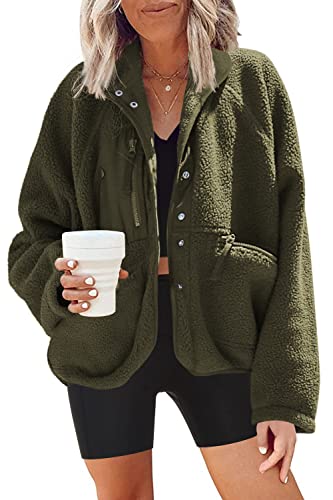 Nirovien Womens Fuzzy Fleece Jacket Button Down Shacket Casual Sherpa Coats Warm Outwear With Pockets - Medium - Army Green
