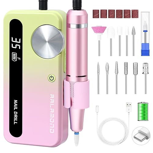 Electric Nail File, 35000RPM Nail Drill Kit with Bits, Professional Nail Drill Cordless for Acrylic Nails, Portable Rechargeable Nail Filer Electric, Efile Nail Drill Acrylic Nails Tool (Yellow Pink) - Yellow Pink