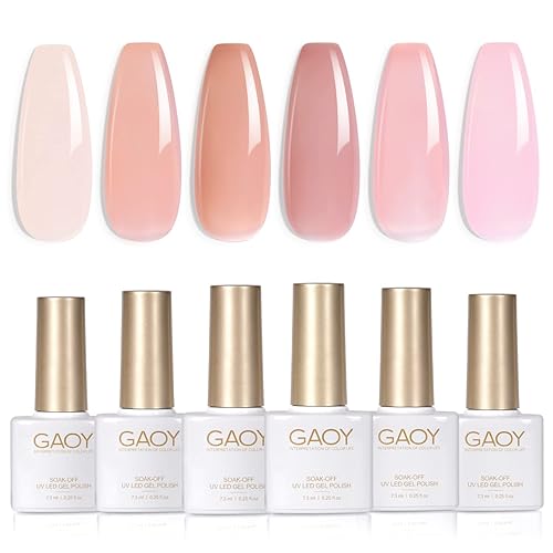 GAOY Jelly Nude Pink Gel Nail Polish Set, 6 Transparent Sheer Colors Soak Off UV Light Cure Gel Polish Kit for Salon and Nail Art DIY at Home - Pinkish Jelly Nude