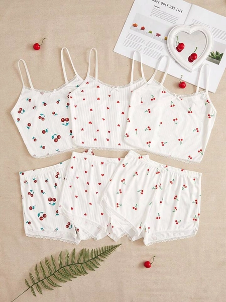 3pcs Cherry Print Lace Trim Cami Top & 3pcs Shorts PJ Set