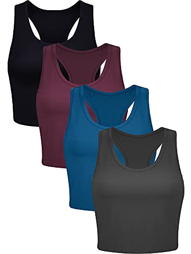 Geyoga 4 Pieces Basic Workout Crop Tank Tops Sleeveless Racerback Sport Tank Top for Women Yoga Running - Black, Army Green, Coffee, White Small