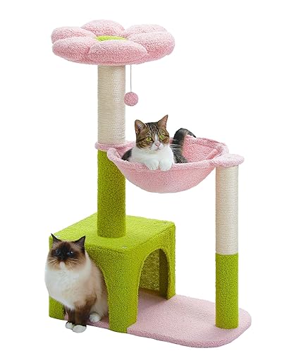 MUTTROS Flower Cat Tree with Large Metal Frame Hammock, 35" Cute Cat Tower with Sisal Scratching Posts for Small Indoor Cats, Cat Condo with Pink Top Perch for Kittens, Pink - 35" Upgraded Flower Cat Tree - Pink