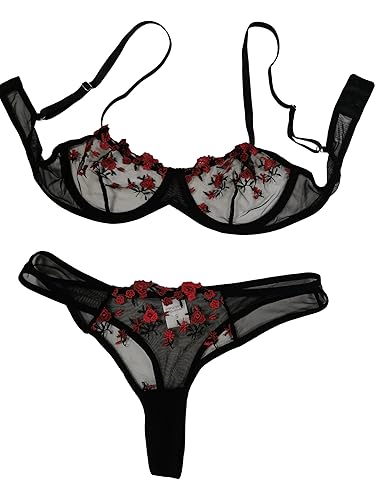 Mingnos Dessous Damen Sexy Reizwäsche Blumen Bestickt Netz Bügel BH und Slip Set 2 Teiliges Erotische Unterwäsche - XL - Schwarz