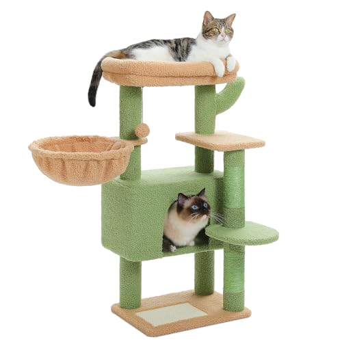 PAWZ Road Cactus Cat Tree Tower for Indoor Cats, [34.6''=88CM] Cat Climbing Tree with Large Hammock and Scratching Post, Cat Activity Tree with Top Removable Bed,Green - Green